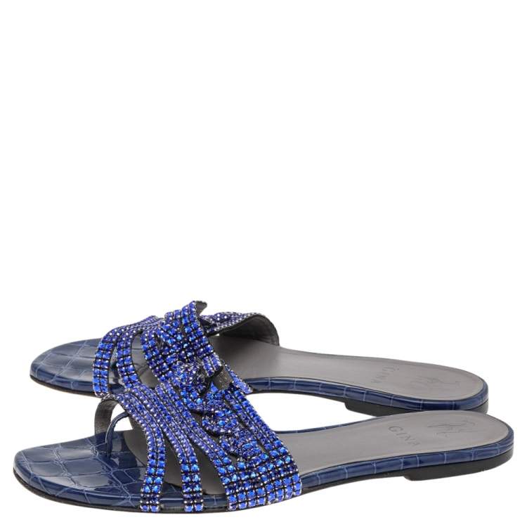 Pre Owned Gina Blue Embossed Leather Crystal Embellished Slide Sandals Size 40