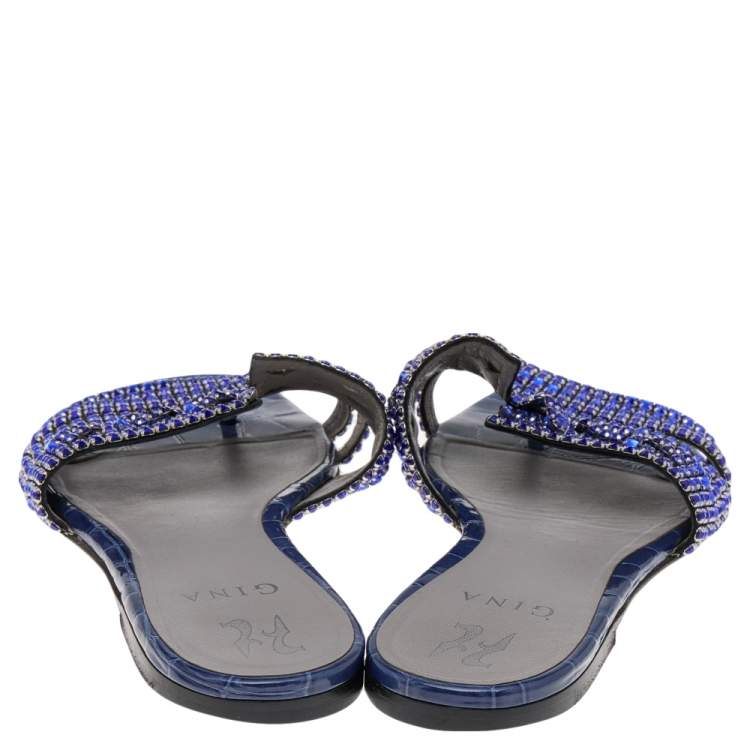 Pre Owned Gina Blue Embossed Leather Crystal Embellished Slide Sandals Size 40