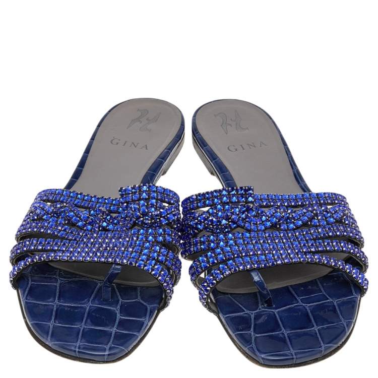Pre Owned Gina Blue Embossed Leather Crystal Embellished Slide Sandals Size 40