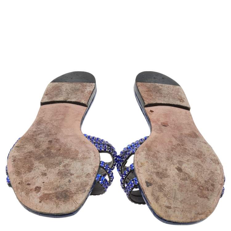 Pre Owned Gina Blue Embossed Leather Crystal Embellished Slide Sandals Size 40
