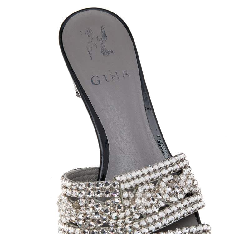 Pre Owned Gina Silver/Black Leather Crystal Embellished Slide Sandals Size 38.5