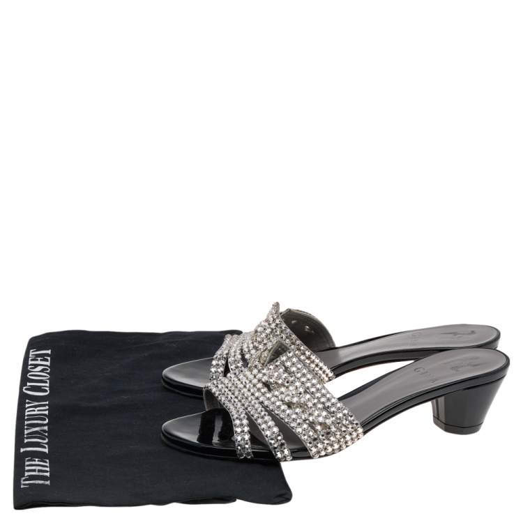 Pre Owned Gina Silver/Black Leather Crystal Embellished Slide Sandals Size 38.5