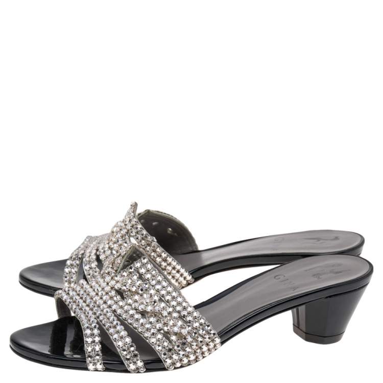 Pre Owned Gina Silver/Black Leather Crystal Embellished Slide Sandals Size 38.5