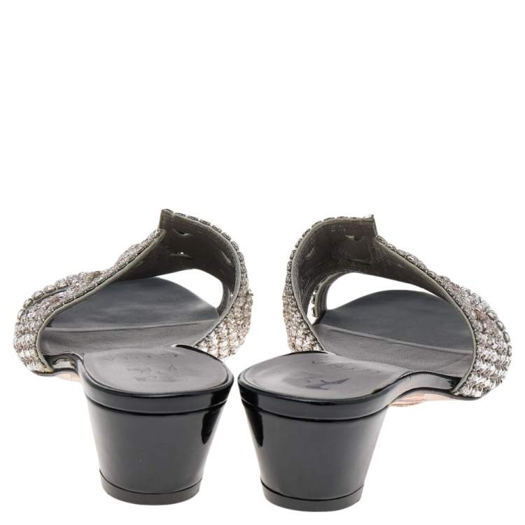 Pre Owned Gina Silver/Black Leather Crystal Embellished Slide Sandals Size 38.5