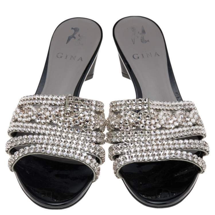 Pre Owned Gina Silver/Black Leather Crystal Embellished Slide Sandals Size 38.5