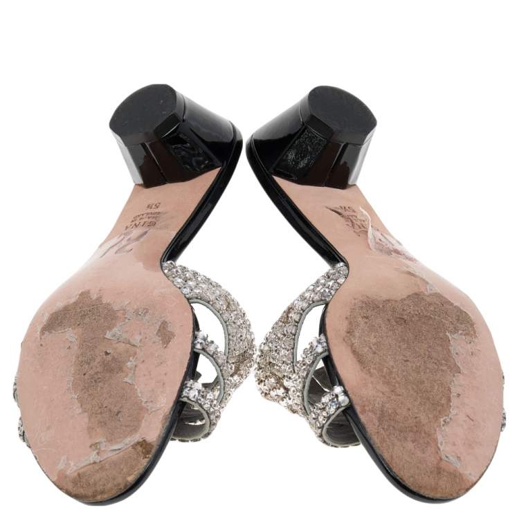 Pre Owned Gina Silver/Black Leather Crystal Embellished Slide Sandals Size 38.5