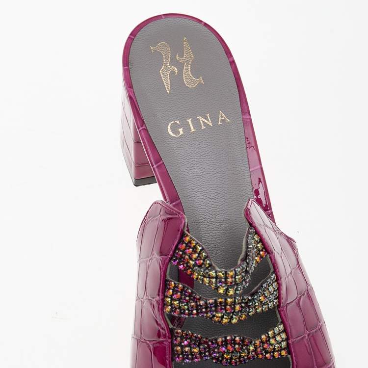 Pre Owned Gina Pink Croc Embossed Patent Leather Embellished Rodeo Block Heel Slides Size 38.5