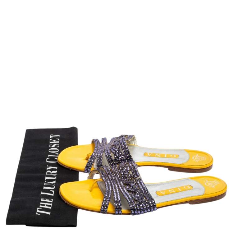 Pre Owned Gina Purple/Yellow Leather Loren Crystal Embellished Flat Slides Size 39