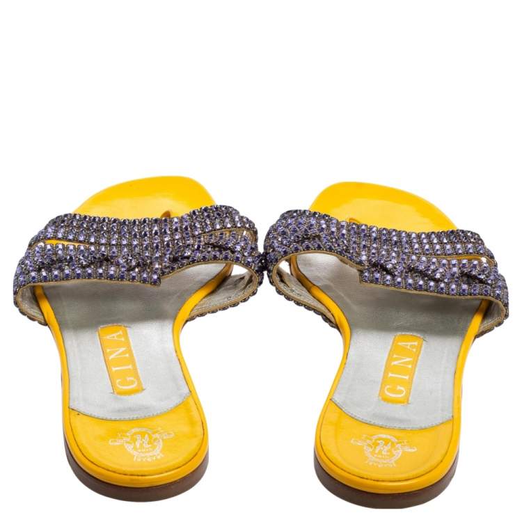 Pre Owned Gina Purple/Yellow Leather Loren Crystal Embellished Flat Slides Size 39