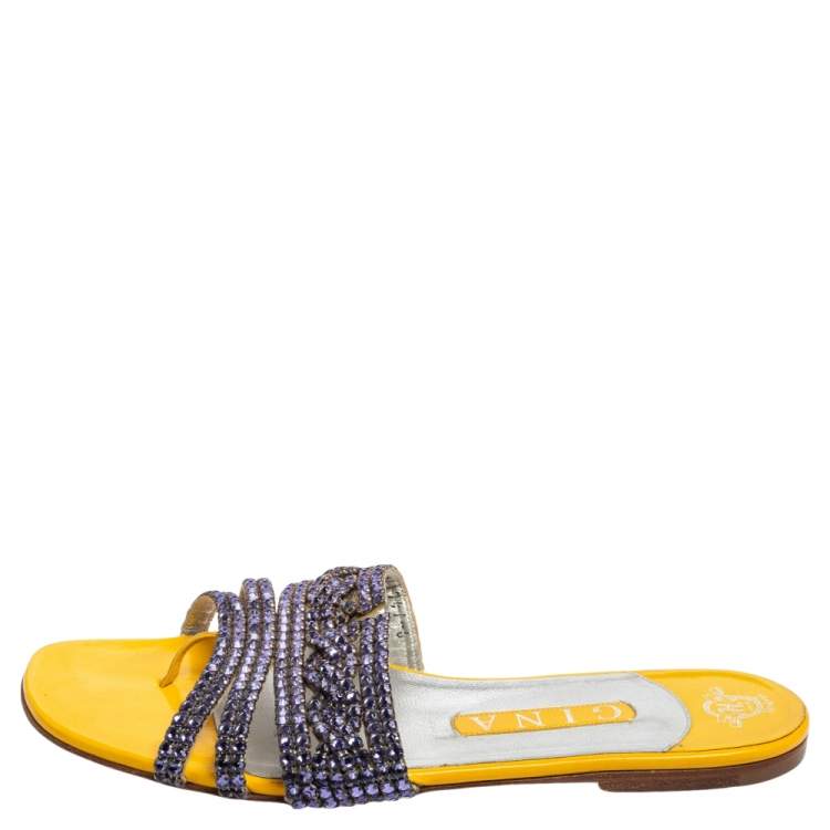 Pre Owned Gina Purple/Yellow Leather Loren Crystal Embellished Flat Slides Size 39