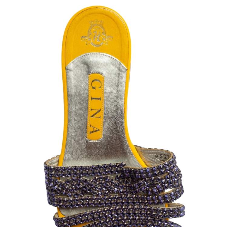 Pre Owned Gina Purple/Yellow Leather Loren Crystal Embellished Flat Slides Size 39
