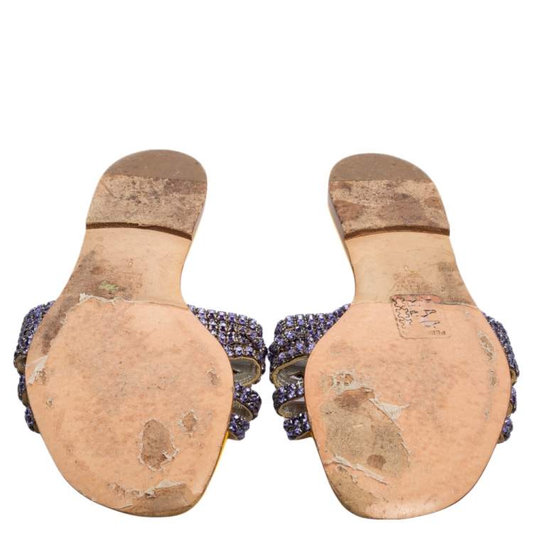Pre Owned Gina Purple/Yellow Leather Loren Crystal Embellished Flat Slides Size 39
