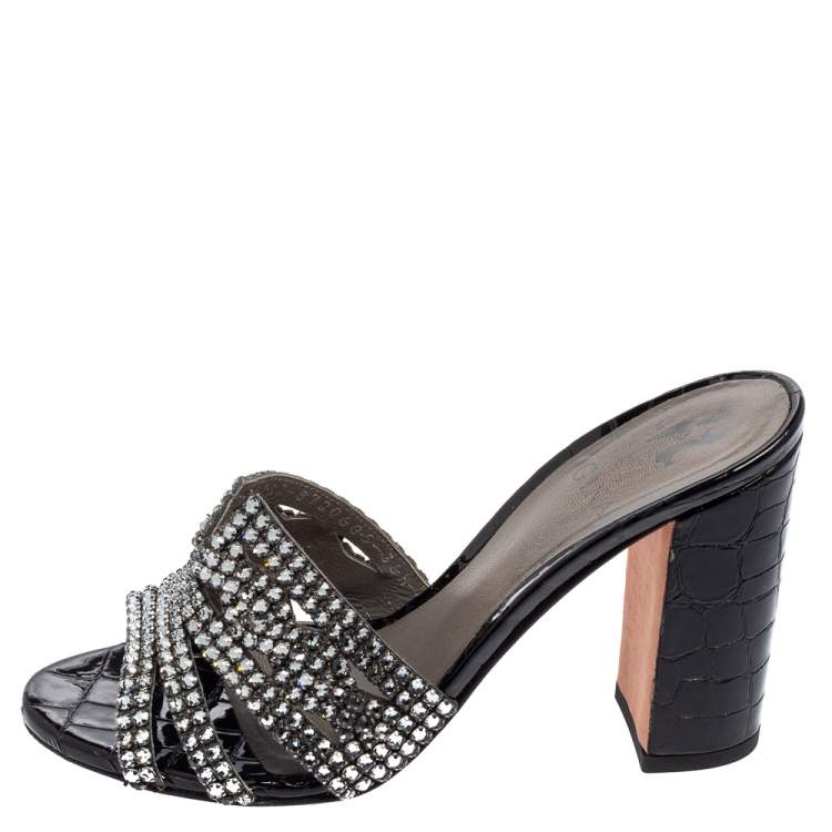 Pre Owned Gina Black Croc Embossed Patent Leather Crystal Embellished Slides Size 36.5