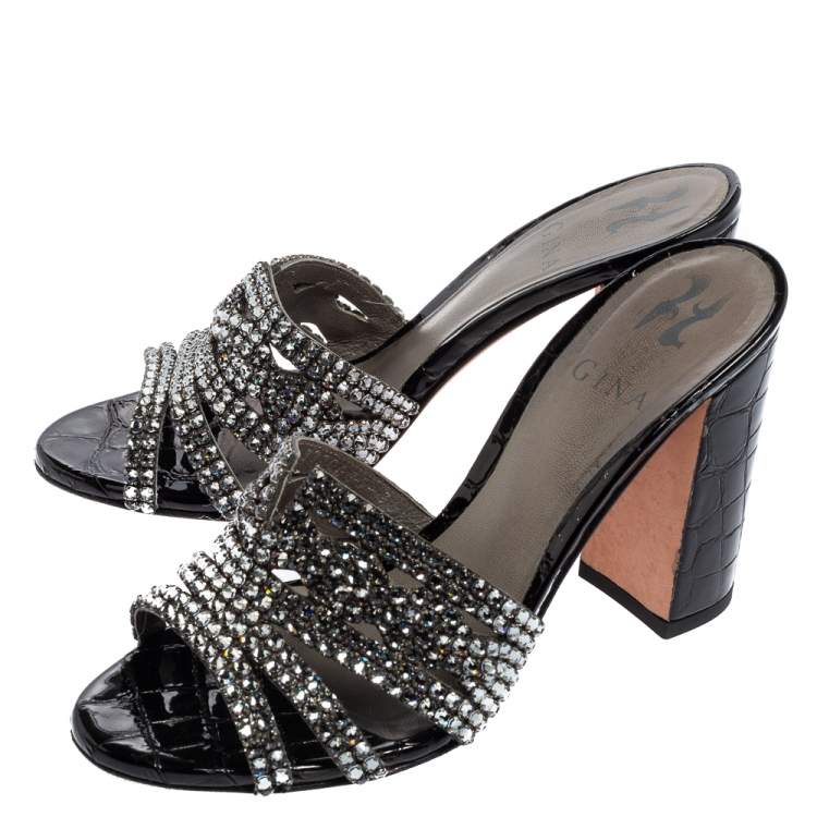 Pre Owned Gina Black Croc Embossed Patent Leather Crystal Embellished Slides Size 36.5