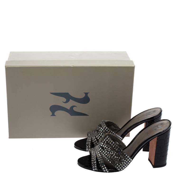 Pre Owned Gina Black Croc Embossed Patent Leather Crystal Embellished Slides Size 36.5