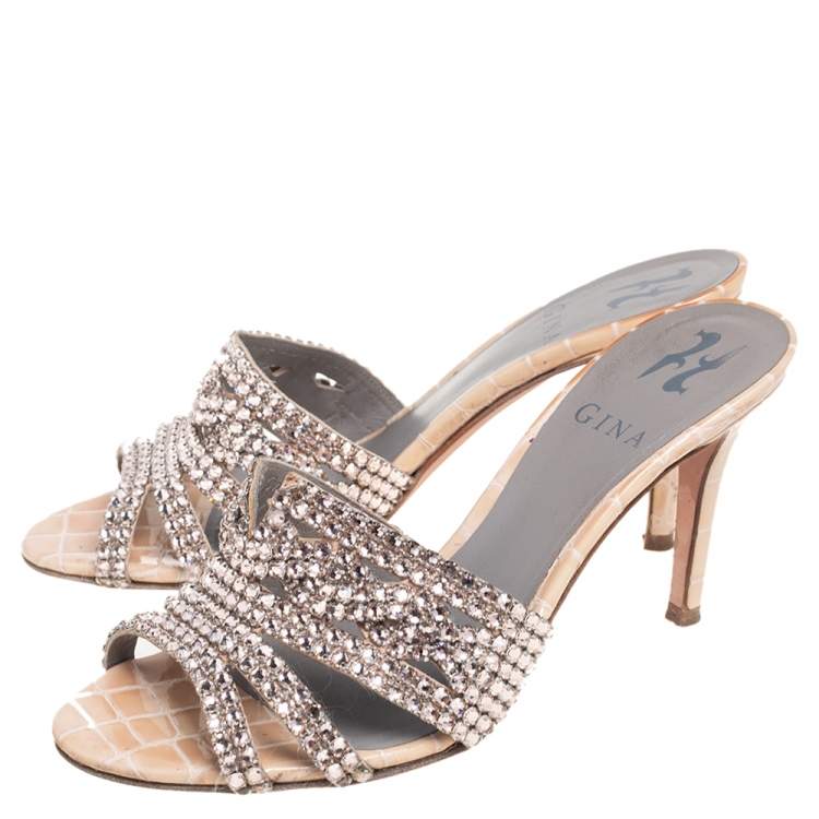 Pre Owned   Gina Rose Gold Croc Embossed Leather Crystal Embellished Slide Sandals Size 37