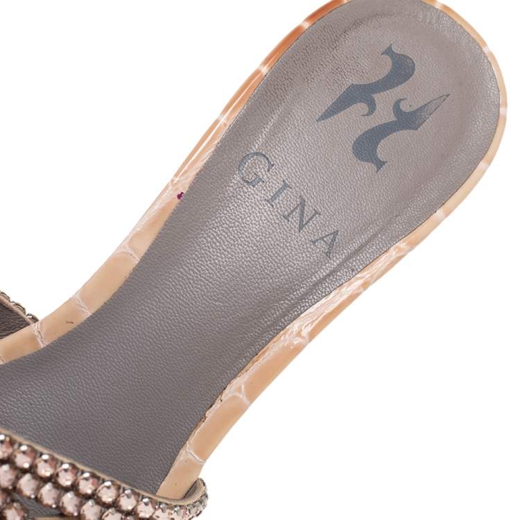Pre Owned   Gina Rose Gold Croc Embossed Leather Crystal Embellished Slide Sandals Size 37
