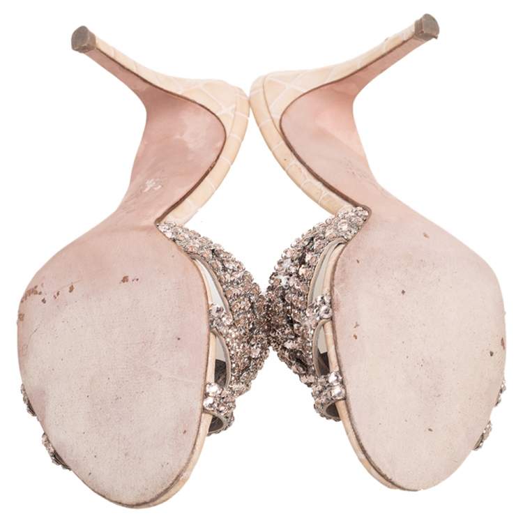 Pre Owned   Gina Rose Gold Croc Embossed Leather Crystal Embellished Slide Sandals Size 37