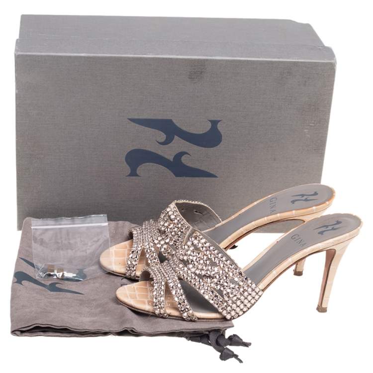 Pre Owned   Gina Rose Gold Croc Embossed Leather Crystal Embellished Slide Sandals Size 37