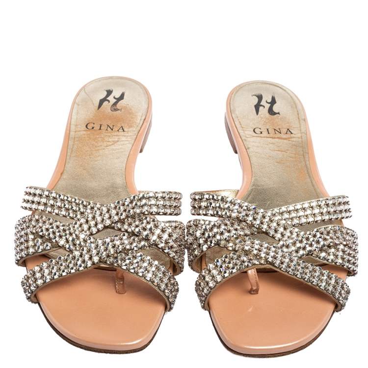 Pre Owned Gina Beige Leather Crystal Embellished Slide Sandals Size 38
