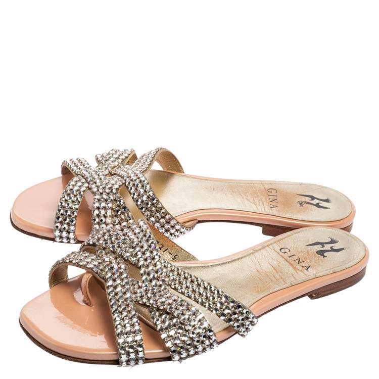 Pre Owned Gina Beige Leather Crystal Embellished Slide Sandals Size 38