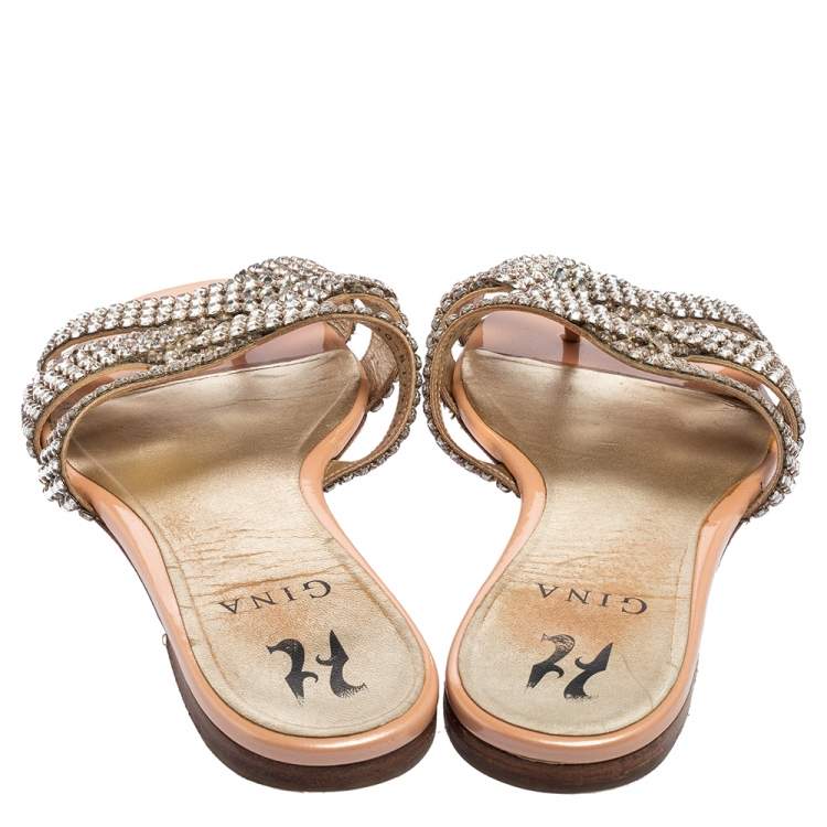 Pre Owned Gina Beige Leather Crystal Embellished Slide Sandals Size 38