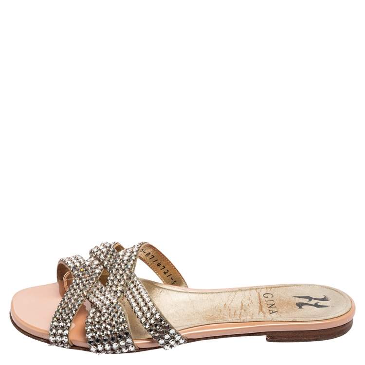 Pre Owned Gina Beige Leather Crystal Embellished Slide Sandals Size 38