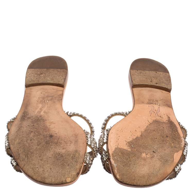 Pre Owned Gina Beige Leather Crystal Embellished Slide Sandals Size 38