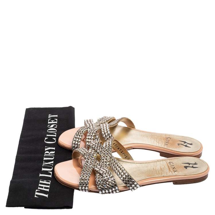 Pre Owned Gina Beige Leather Crystal Embellished Slide Sandals Size 38