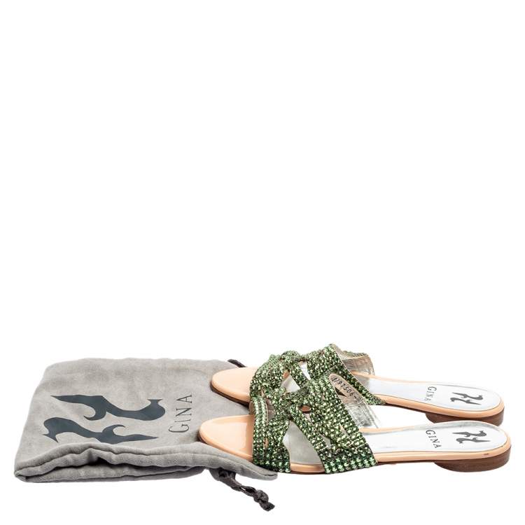 Pre Owned Gina Green Crystal Embellished Leather Loren Flat Sandals Size 37.5