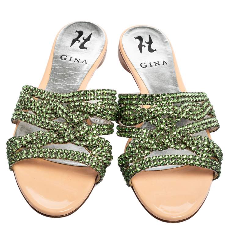Pre Owned Gina Green Crystal Embellished Leather Loren Flat Sandals Size 37.5
