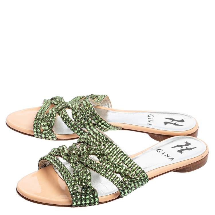 Pre Owned Gina Green Crystal Embellished Leather Loren Flat Sandals Size 37.5