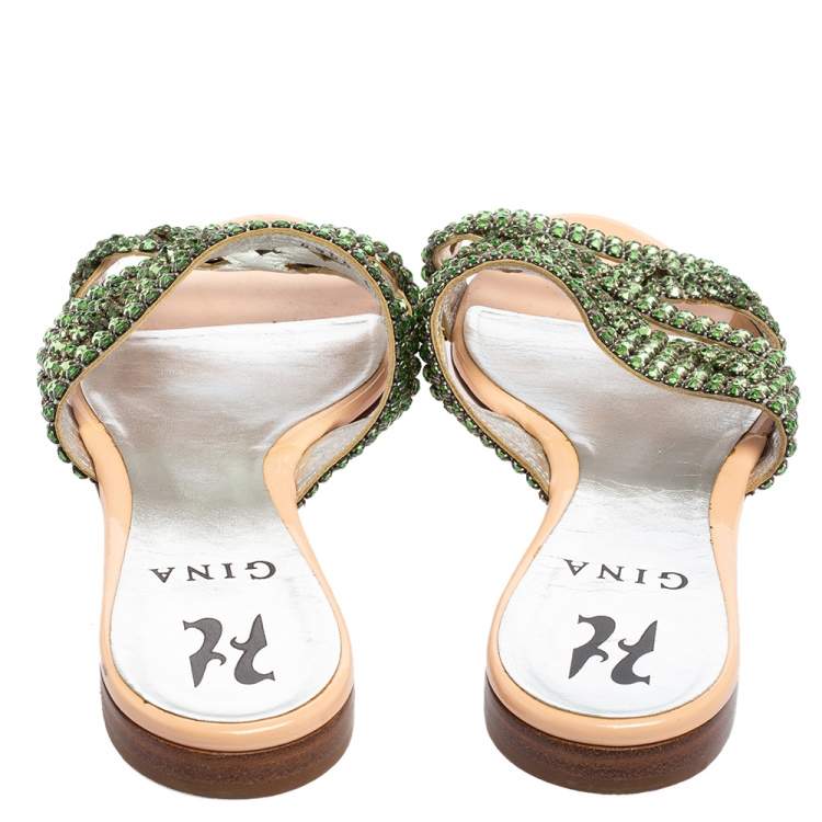 Pre Owned Gina Green Crystal Embellished Leather Loren Flat Sandals Size 37.5