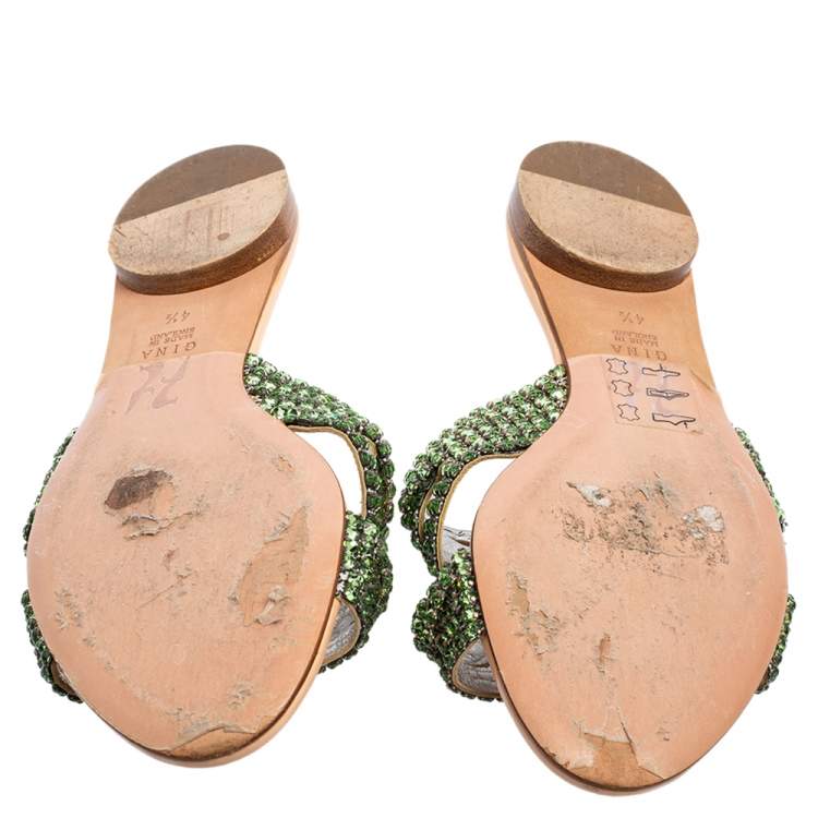 Pre Owned Gina Green Crystal Embellished Leather Loren Flat Sandals Size 37.5