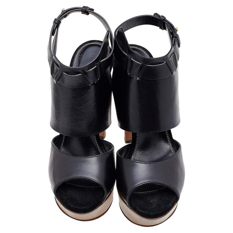 Pre Owned Gina Black Leather Open Toe Platform Pumps Size 37.5