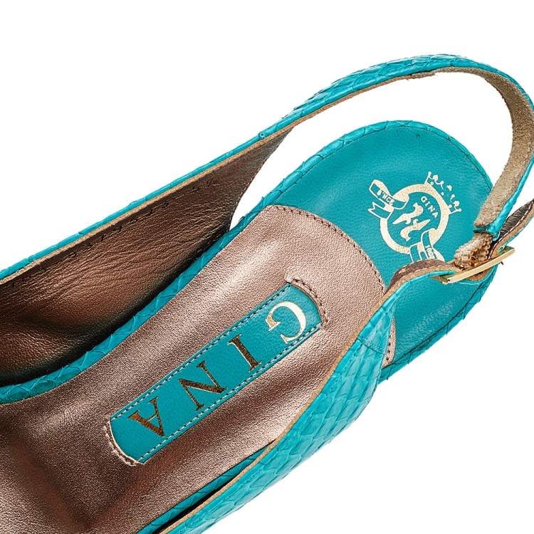 Pre Owned Gina Blue Python Peep Toe Platform Slingback Sandals Size 38.5