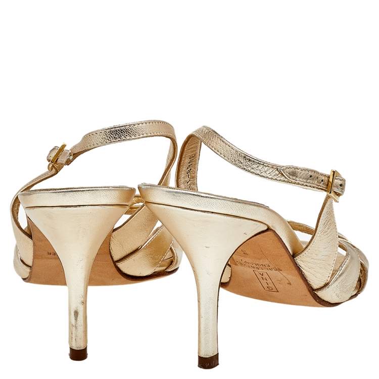 Pre Owned Gina Gold Leather Slingback Sandals Size 38