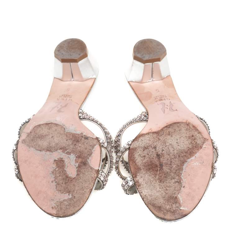 Pre Owned Gina Silver Leather Crystal Embellished Rodeo Block Heel Slides Size 38