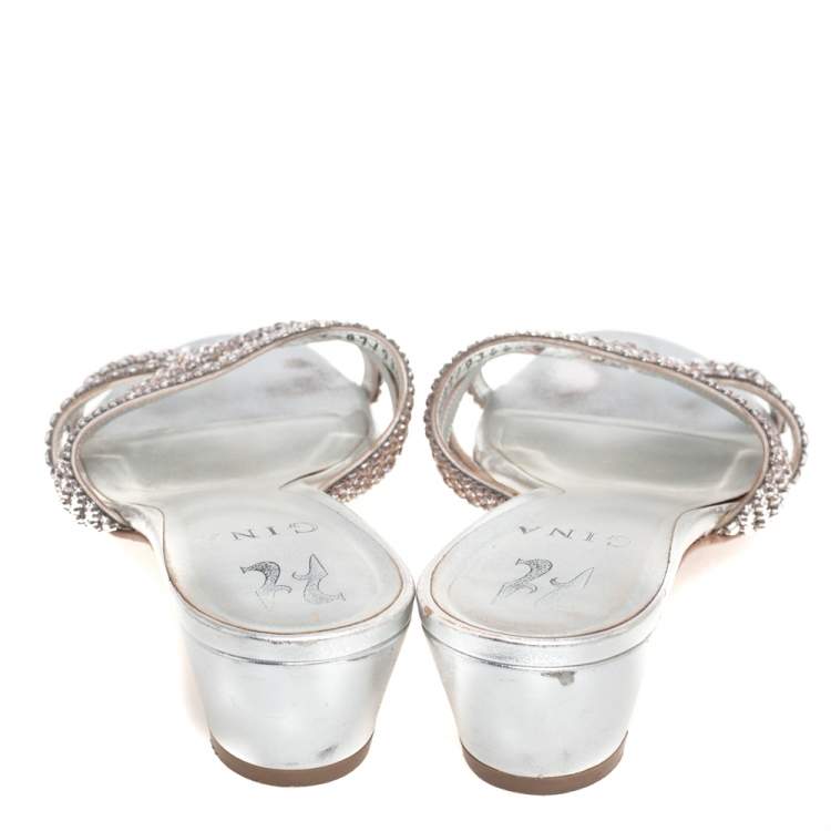 Pre Owned Gina Silver Leather Crystal Embellished Rodeo Block Heel Slides Size 38
