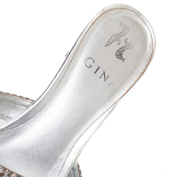 Pre Owned Gina Silver Leather Crystal Embellished Rodeo Block Heel Slides Size 38
