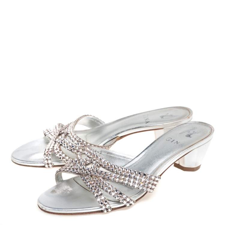Pre Owned Gina Silver Leather Crystal Embellished Rodeo Block Heel Slides Size 38