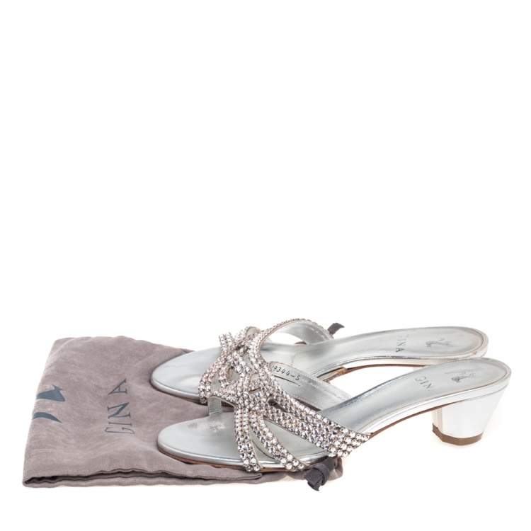 Pre Owned Gina Silver Leather Crystal Embellished Rodeo Block Heel Slides Size 38