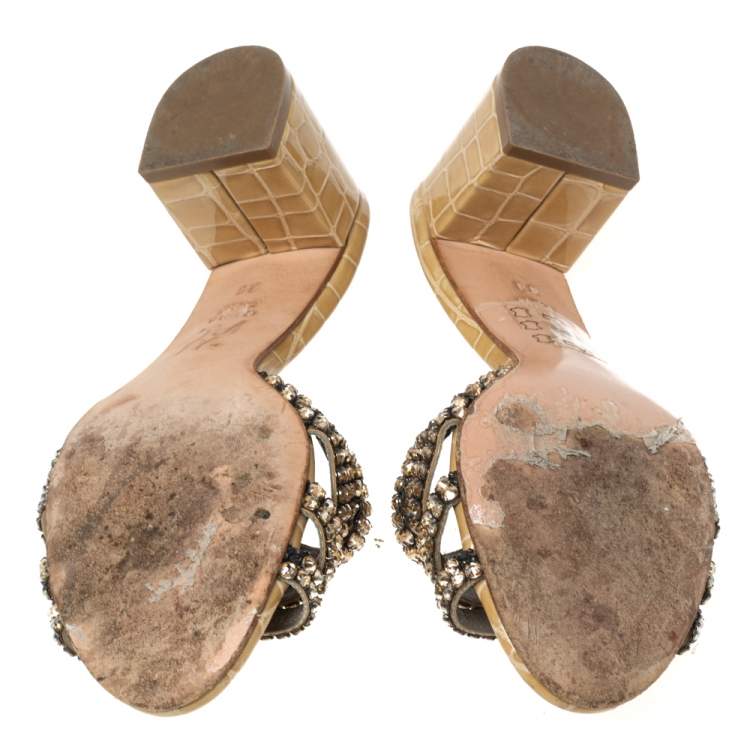 Pre Owned Gina Beige Croc Embossed Leather Crystal Embellished Loren Slide Sandals Size 38