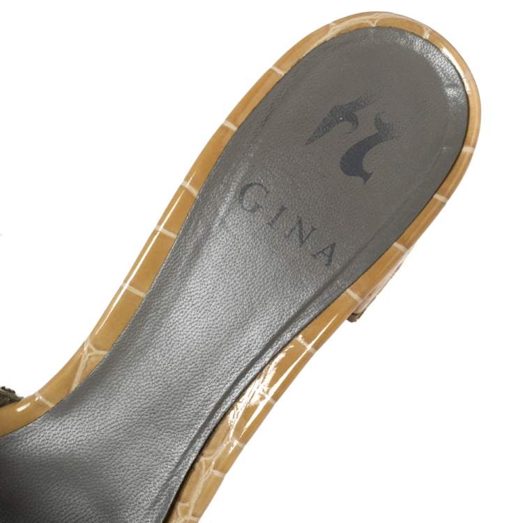 Pre Owned Gina Beige Croc Embossed Leather Crystal Embellished Loren Slide Sandals Size 38