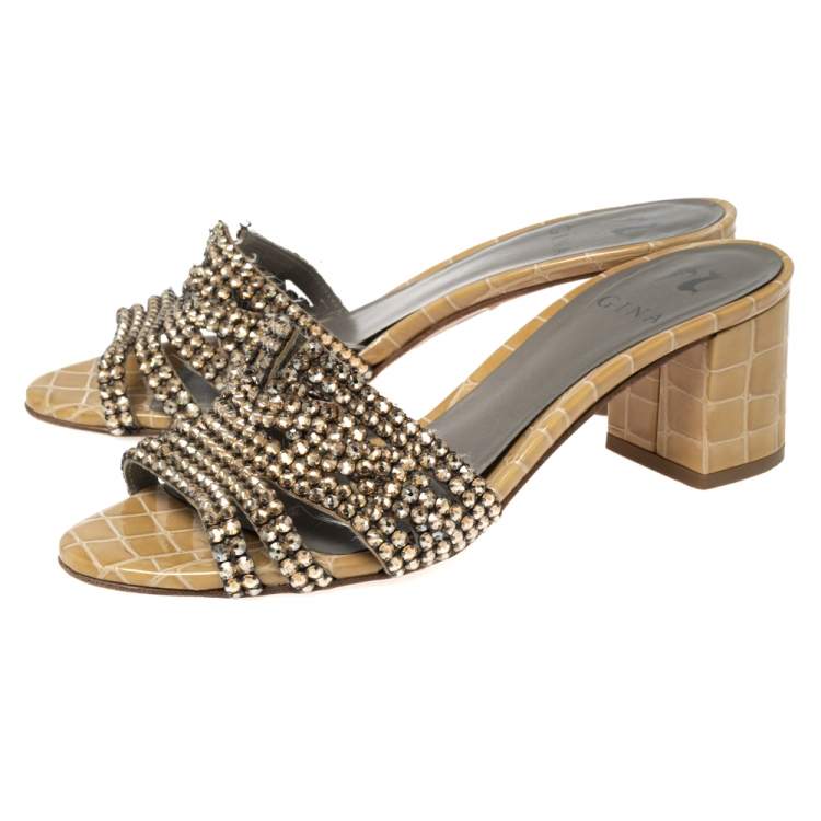 Pre Owned Gina Beige Croc Embossed Leather Crystal Embellished Loren Slide Sandals Size 38