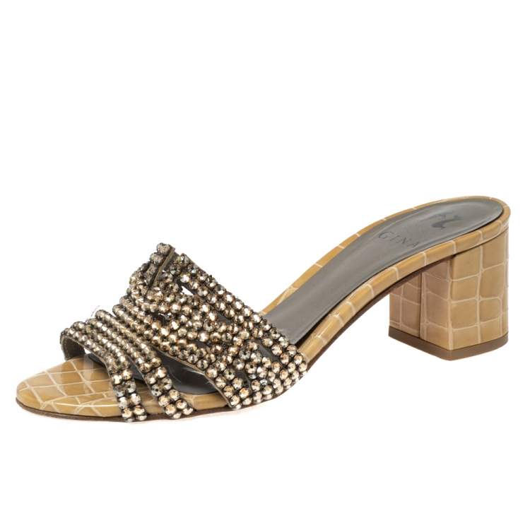 Pre Owned Gina Beige Croc Embossed Leather Crystal Embellished Loren Slide Sandals Size 38