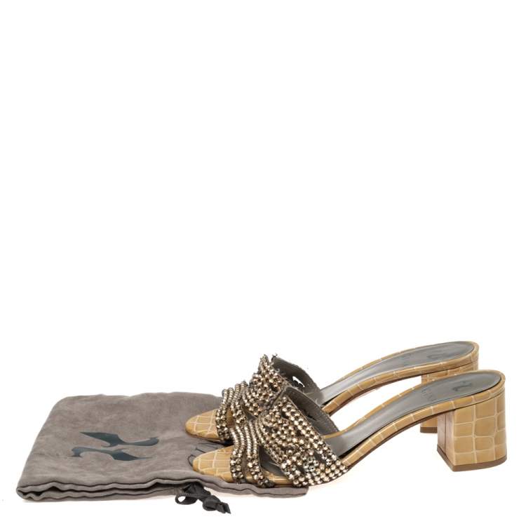 Pre Owned Gina Beige Croc Embossed Leather Crystal Embellished Loren Slide Sandals Size 38