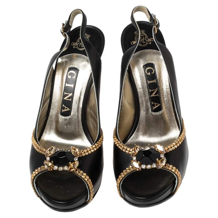 Pre Owned Gina Black Leather Embellished Peep Toe Platform Slingback Sandals Size 37