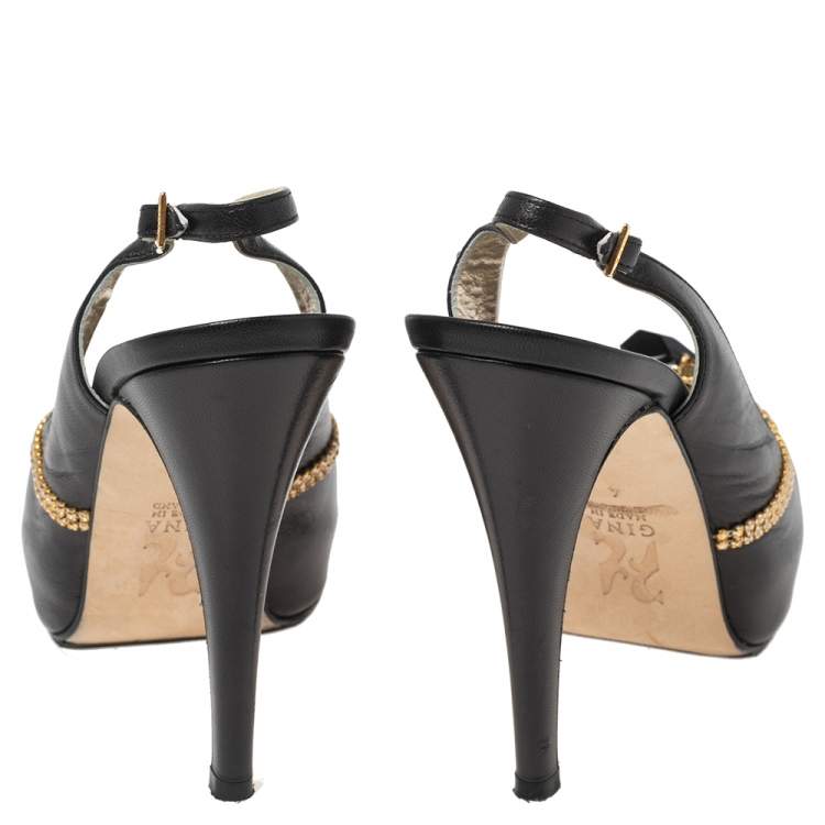 Pre Owned Gina Black Leather Embellished Peep Toe Platform Slingback Sandals Size 37