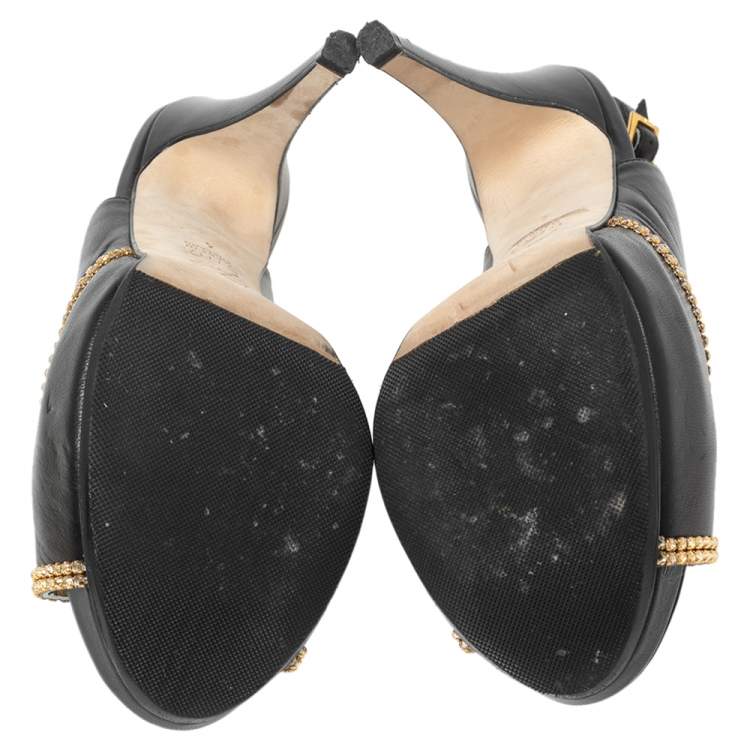 Pre Owned Gina Black Leather Embellished Peep Toe Platform Slingback Sandals Size 37
